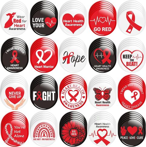 40/100Pcs Heart Health Awareness Button Pins - Red Ribbon Round Badges Heart Disease Awareness Pinback Decoration for Classroom Activity Gift Party Favor Supplies Clothe Bag Accessories in Saudi Arabia