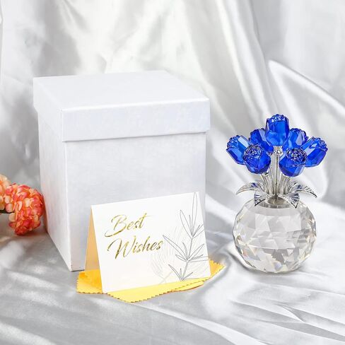 Enjinkail Blue Rose Flower Crystal Figurine with Vase, Bouquet Flowers Ornament Gifts for Wife Girlfriend Women, Handmade Crystal Flower Collectible Home Table Decor ​for Valentine's Day Wedding in Saudi Arabia