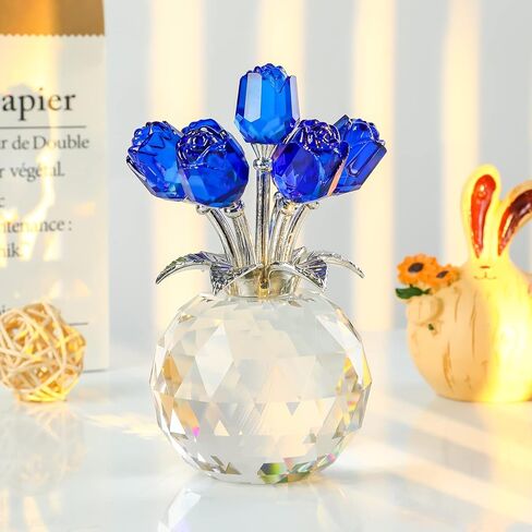 Enjinkail Blue Rose Flower Crystal Figurine with Vase, Bouquet Flowers Ornament Gifts for Wife Girlfriend Women, Handmade Crystal Flower Collectible Home Table Decor ​for Valentine's Day Wedding in Saudi Arabia