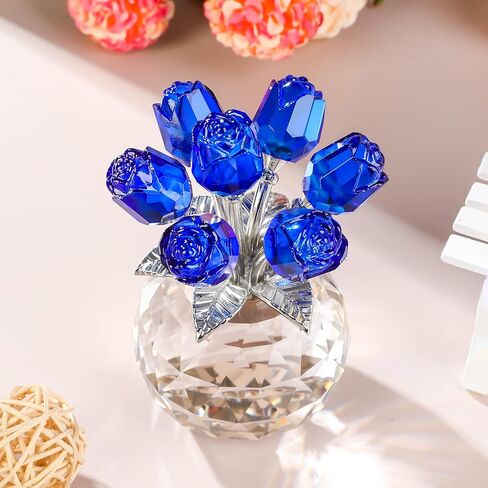Enjinkail Blue Rose Flower Crystal Figurine with Vase, Bouquet Flowers Ornament Gifts for Wife Girlfriend Women, Handmade Crystal Flower Collectible Home Table Decor ​for Valentine's Day Wedding in Saudi Arabia
