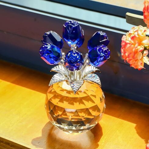 Enjinkail Blue Rose Flower Crystal Figurine with Vase, Bouquet Flowers Ornament Gifts for Wife Girlfriend Women, Handmade Crystal Flower Collectible Home Table Decor ​for Valentine's Day Wedding in Saudi Arabia
