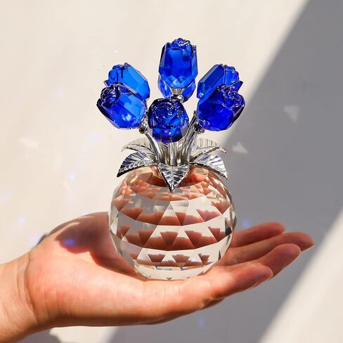Enjinkail Blue Rose Flower Crystal Figurine with Vase, Bouquet Flowers Ornament Gifts for Wife Girlfriend Women, Handmade Crystal Flower Collectible Home Table Decor ​for Valentine's Day Wedding in Kuwait