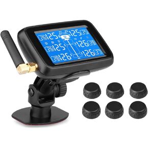 B-Qtech RV Tire Pressure Monitoring System for Trailer Travel Truck Motorhome(0~215PSI) with 6 Sensors, Solar Powered TPMS 5 Alarm Modes Tire Pressure Real-time Monitor Alarm System