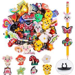 65Pcs Pencil Toppers Decoations,Random Bulk Cute Pencil Clip Topper PVC Pencil Charms Prizes for Students Kids Classroom Rewards Gifts