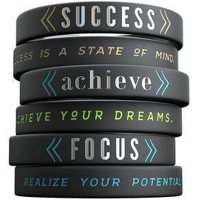 Inkstone 6-pack - Success, Achieve, Focus - Motivational Silicone Wristbands with Inspirational Messages - Adult Unisex Size for Men Women Teens