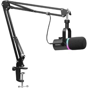 FEELWORLD PM1 XLR USB Dynamic Microphone with Boom Arm Stand for Podcast Recording PC Computer Gaming Live Streaming Vocal Voice-Over, Studio Metal Mic, RGB Light, Mute Button, Headphones Jack