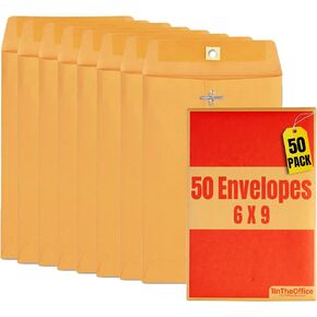 1InTheOffice Brown Envelopes 6x9, Manilla Envelopes with Clasp, Gummed Flaps, 50/Box