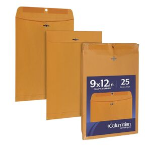 Columbian 9 x 12 Clasp Envelopes, Gummed, 24 lb Kraft Multipurpose Envelopes for Mailing, Storing or Filing Documents, 25 per Pack (COLO340)