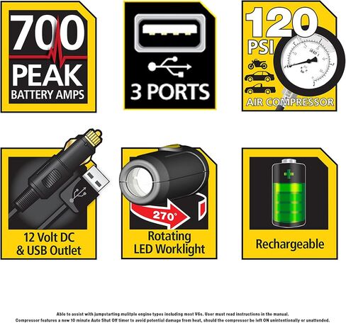 700 Peak Amp Auto Jump Starter، طاقة محمولة - منافذ USB ثلاثية 15 وات، ضاغط هواء 120 رطل لكل بوصة مربعة in Kuwait