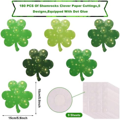 RUIYELE 90Pcs St. Patrick's Day Shamrock Cutouts with 180Pcs Glue Points Paper Glitter Green Clover Shape Cut Outs Creative Cut-Outs for Irish Holiday Classroom Bulletin Border School Craft Decor in Kuwait