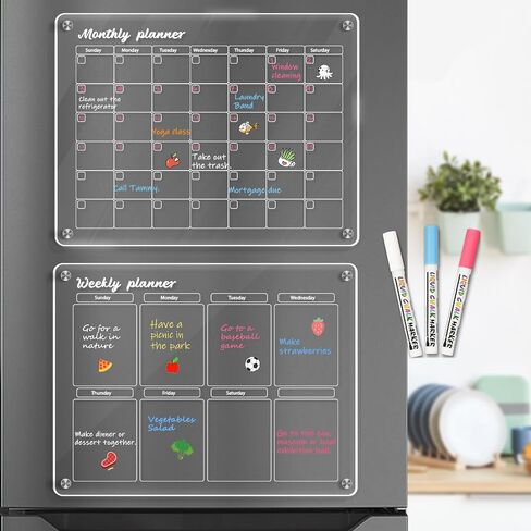 Acrylic Calendar for Fridge 16"x12" Magnetic Fridge Calendar 2 Pcs Monthly and Weekly Refrigerator Calendar Dry Erase Calendar for Fridge with 3 Markers in Saudi Arabia