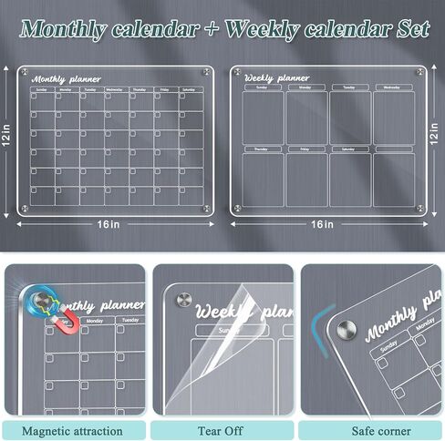 Acrylic Calendar for Fridge 16"x12" Magnetic Fridge Calendar 2 Pcs Monthly and Weekly Refrigerator Calendar Dry Erase Calendar for Fridge with 3 Markers in Saudi Arabia