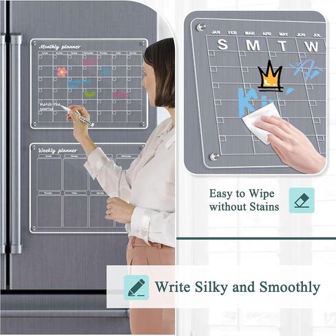 Acrylic Calendar for Fridge 16"x12" Magnetic Fridge Calendar 2 Pcs Monthly and Weekly Refrigerator Calendar Dry Erase Calendar for Fridge with 3 Markers in Saudi Arabia