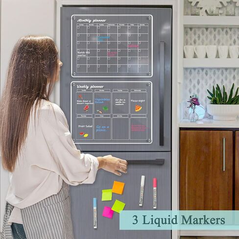 Acrylic Calendar for Fridge 16"x12" Magnetic Fridge Calendar 2 Pcs Monthly and Weekly Refrigerator Calendar Dry Erase Calendar for Fridge with 3 Markers in Saudi Arabia