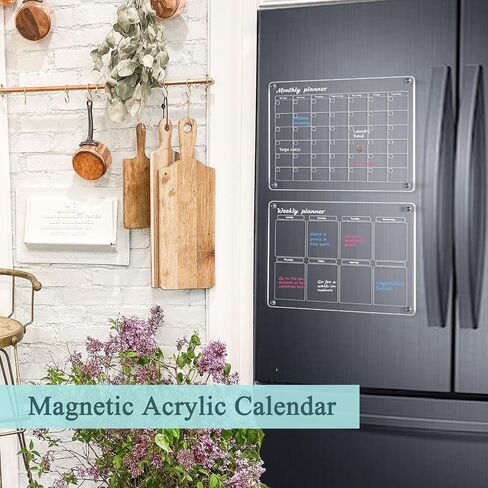 Acrylic Calendar for Fridge 16"x12" Magnetic Fridge Calendar 2 Pcs Monthly and Weekly Refrigerator Calendar Dry Erase Calendar for Fridge with 3 Markers in Saudi Arabia