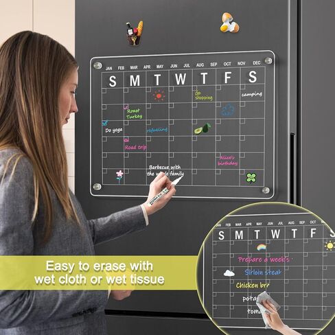 Acrylic Calendar for Fridge 16"x12" Magnetic Fridge Calendar 2 Pcs Monthly and Weekly Refrigerator Calendar Dry Erase Calendar for Fridge with 3 Markers in Saudi Arabia