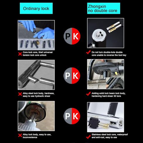 قفل U للدراجة شديد التحمل غير قابل للقطع من الفولاذ المقاوم للصدأ ومضاد للسرقة، خيارات قفل مجمعة للدراجة النارية والدراجة النارية وبوابة باب الدراجة - 3 مفاتيح متضمنة (L) in Kuwait