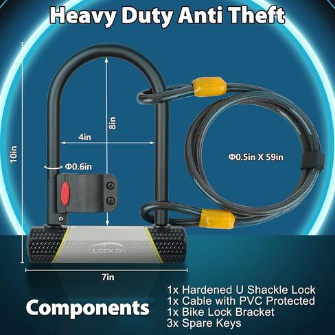 قفل دراجة SUNYA شديد التحمل مضاد للسرقة، قفل دراجة مع 3 مفاتيح أمان عالي، قفل U للدراجة 180 × 250 مم + كابل 4.9 قدم. مناسب لدراجات سكوتر الطرق الجبلية القابلة للطي in Kuwait