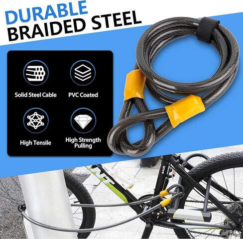 قفل دراجة SUNYA شديد التحمل مضاد للسرقة، قفل دراجة مع 3 مفاتيح أمان عالي، قفل U للدراجة 180 × 250 مم + كابل 4.9 قدم. مناسب لدراجات سكوتر الطرق الجبلية القابلة للطي in Kuwait