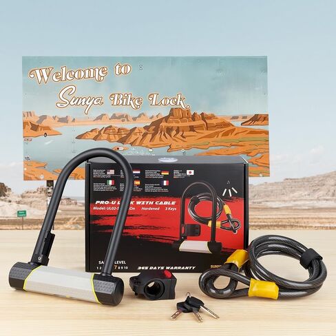 قفل دراجة SUNYA شديد التحمل مضاد للسرقة، قفل دراجة مع 3 مفاتيح أمان عالي، قفل U للدراجة 180 × 250 مم + كابل 4.9 قدم. مناسب لدراجات سكوتر الطرق الجبلية القابلة للطي in Kuwait