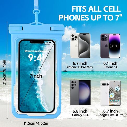 عبوتان من جراب هاتف مقاوم للماء، جراب هاتف مقاوم للماء يصل إلى 7.2 بوصة لهاتف iPhone Samsung Google، حقيبة جافة مقاومة للماء IPX8 مع حبل للعطلات على الشاطئ والتجديف والغطس والغوص، أسود + أسود in Kuwait