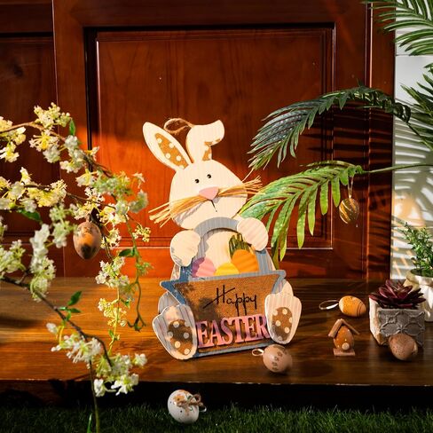 Valery Madelyn Easter Bunny Porch Decor, 17.3 Inches Wooden Easter Wall Decor with Happy Easter Sign, Farmhouse Dual Use Easter Table Decorations for Front Door Home Indoor Outdoor Party Rustic Gift in Saudi Arabia