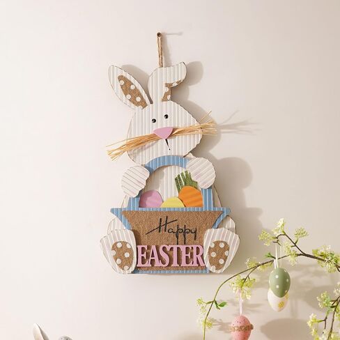 Valery Madelyn Easter Bunny Porch Decor, 17.3 Inches Wooden Easter Wall Decor with Happy Easter Sign, Farmhouse Dual Use Easter Table Decorations for Front Door Home Indoor Outdoor Party Rustic Gift in Saudi Arabia