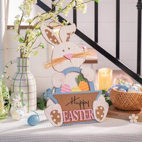 Valery Madelyn Easter Bunny Porch Decor, 17.3 Inches Wooden Easter Wall Decor with Happy Easter Sign, Farmhouse Dual Use Easter Table Decorations for Front Door Home Indoor Outdoor Party Rustic Gift in Saudi Arabia