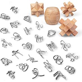 7 Pieces Unlock Interlock Brain Teaser Games Retro Wooden and Metal Puzzles IQ Logic Fun Puzzle Box
