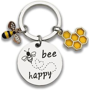 Cute Keychain Inspirational Keyring Gifts Friend Gift Honey Key Ring Cute Bee Accessory Keyrings Bee Happy Keychain Gifts for Men Women Boys Girls