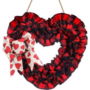 Bencailor Valentine's Day Wreath for Front Door Burlap Heart Shaped Wreath with Bows Valentines Heart Wreath Outdoor Lover Gift for Valentine Wedding Party Supplies (Plaid Design)