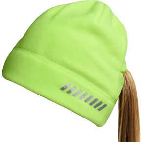 Womens Lightweight Running Fleece Hat | Athletic Ponytail Beanie | Reflective Cap for Safety (Neon Yellow)