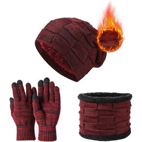 Hat Scarf Gloves Set Men Women 3 in1 Winter Warm Set Elastic Knitted Beanie Hat Neck Scarf and Touch Screen Gloves