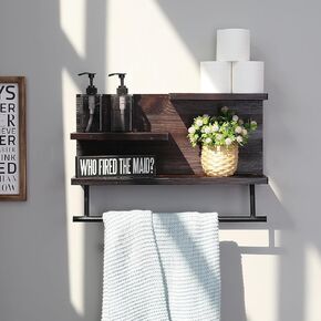 3-Tier Bathroom Shelf Wall Mounted, Retro Wood Shelf with Towel Bar, Utility Storage Shelf Rack for Bathroom Kitchen Bedroom Living Room, 24 inch