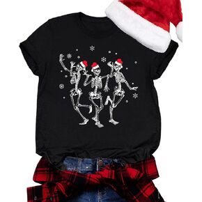 Dancing Skeleton Shirt for Women Christmas T-Shirt Xmas Skull Graphic Tees Holiday Tops Blouse Gift