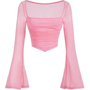 Verdusa Women's Contrast Mesh Ruched Square Neck Bell Sleeve Crop Tee Top T Shirt