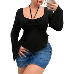 SOLY HUX Women's Plus Size T Shirts Bell Long Sleeve Ruched Asymmetrical Hem Halter Tee Crop Tops
