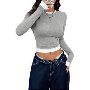 SweatyRocks Women's Color Block Fitted T Shirts 2 in 1 Crewneck Long Sleeve Crop Tops