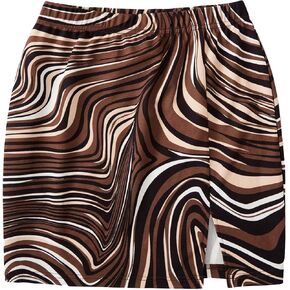 WDIRARA Women's Marble Print Split Hem High Waist Elastic Waistand Knitted Skinny Bodycon Skirt