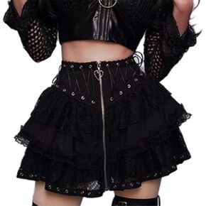 Gothic Mini Skirts for Women Goth Lace Black High Rise Zipper Fairy Cute