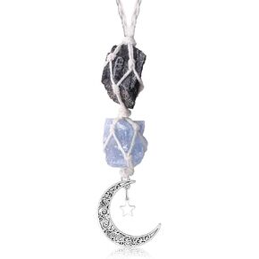 LAIDANLA Car Charm Crystal Hanging Accessories Obsidian and Blue Calcite Rearview Mirror Decorations Healing Dangling Moon Star Handmade Hanging Ornaments Bohemian Home Decor