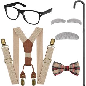 Old Man Costume Accessories, Grandpa Costume Set with Fake Beard Eyebrow Walking Cane Glasses Suspender for Kids Boys Red