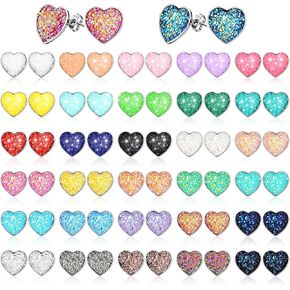32 Pairs Faux Druzy Stud Earrings Stainless Steel Druzy Stud Earrings Glitter Pierced Earrings for Women (Heart Shape)