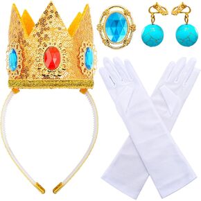 Princess Peach Crown for Kids Girls, Princess Peach Crown Accessories Kit with Gloves Brooch Earrings for Halloween Birthday Party Dress Up