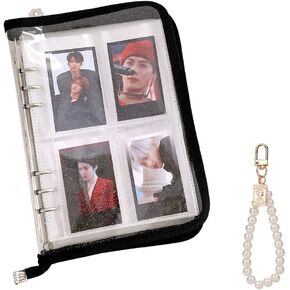4-Pocket Kpop Photocard Holder Book with Pearl Bracelet Keychain, A5 Binder 6 Ring 25Pcs Inner Pages Photocard Album Kpop Photocard Binder with Zipper, 200 Cards, Black
