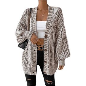 MakeMeChic Women's Oversized Chunky Cable Knit Cardigan Sweaters Button Front V Neck Lantern Sleeve Outerwear