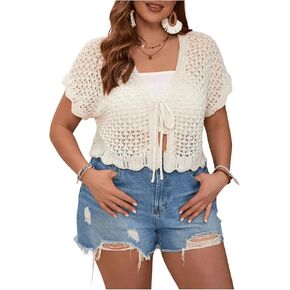 Floerns Women's Plus Size Crochet Hollow Out Tie Front Scallop Trim Crop Cardigan Sweater