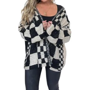 Womens Checkered Sweater Open Front Long Sleeve Color Block Plaid Cardigans Oversized Knit Coats