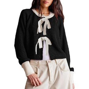 Women Tie Front Cardigan Sweater Color Block Cropped Oversized Sweaters Y2k Knit Open Front Cardigans Knitwear