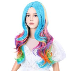 Kids Rainbow Wig Child Colorful Long Wavy Curly Wig Girls Multi-color Middle Part Wavy Wigs Synthetic Wigs with Wig Cap